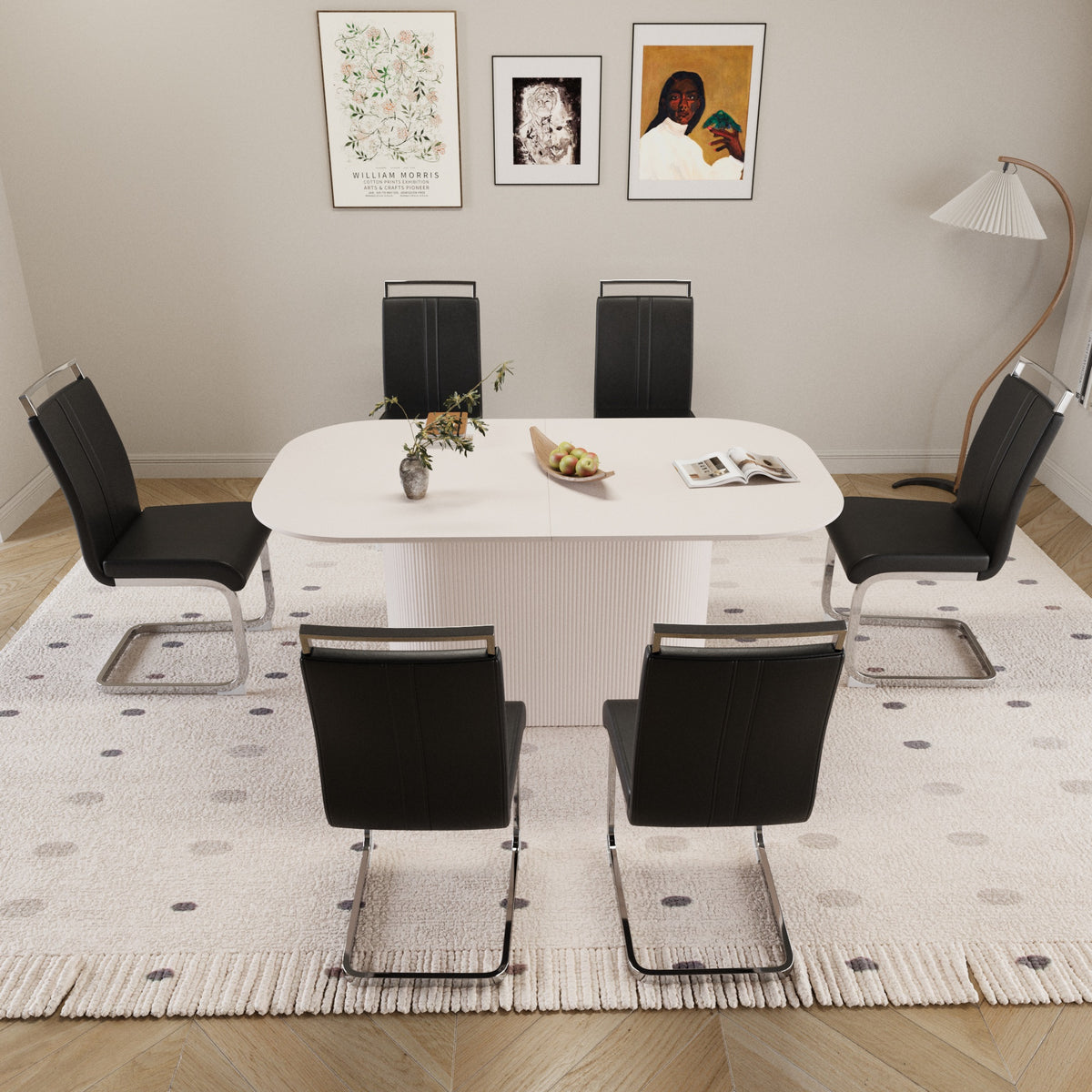 63" Cream Modern MDF Dining Table Set for 6: PU Leather Armless Chairs with Silver Metal Legs, Stain-Resistant Tabletop, Perfect for Home Kitchen & Dining Room Gatherings