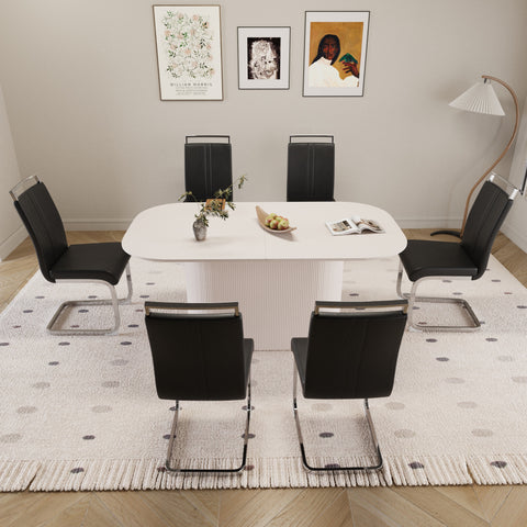 63" Cream Modern MDF Dining Table Set for 6: PU Leather Armless Chairs with Silver Metal Legs, Stain-Resistant Tabletop, Perfect for Home Kitchen & Dining Room Gatherings