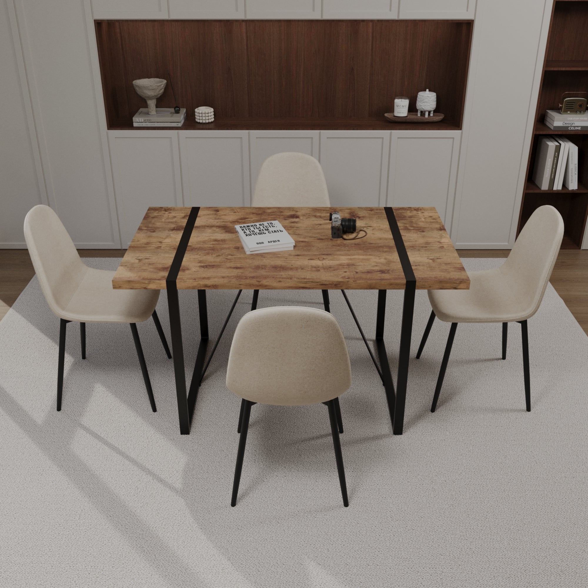 55" Dark Wood Dining Table Set with 4 Beige Suede Chairs - Modern Industrial MDF & Metal Base Kitchen & Dining Room Furniture - Ergonomic Comfort & Easy Assembly