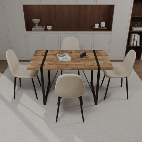 55" Dark Wood Dining Table Set with 4 Beige Suede Chairs - Modern Industrial MDF & Metal Base Kitchen & Dining Room Furniture - Ergonomic Comfort & Easy Assembly