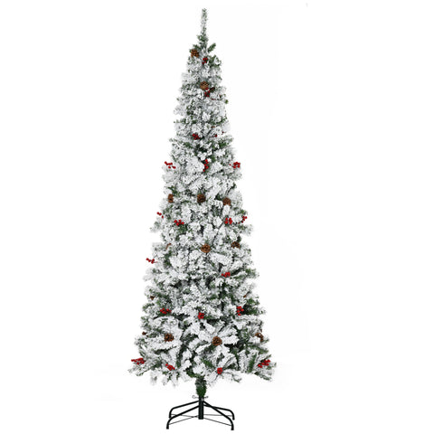 HOMCOM 7.5ft Pencil Snow Flocked Artificial Christmas Tree, Green, Realistic Branches, Pine Cones &amp; Berries, Auto Open, Flame Retardant, Easy Assembly for Home Holiday Decor
