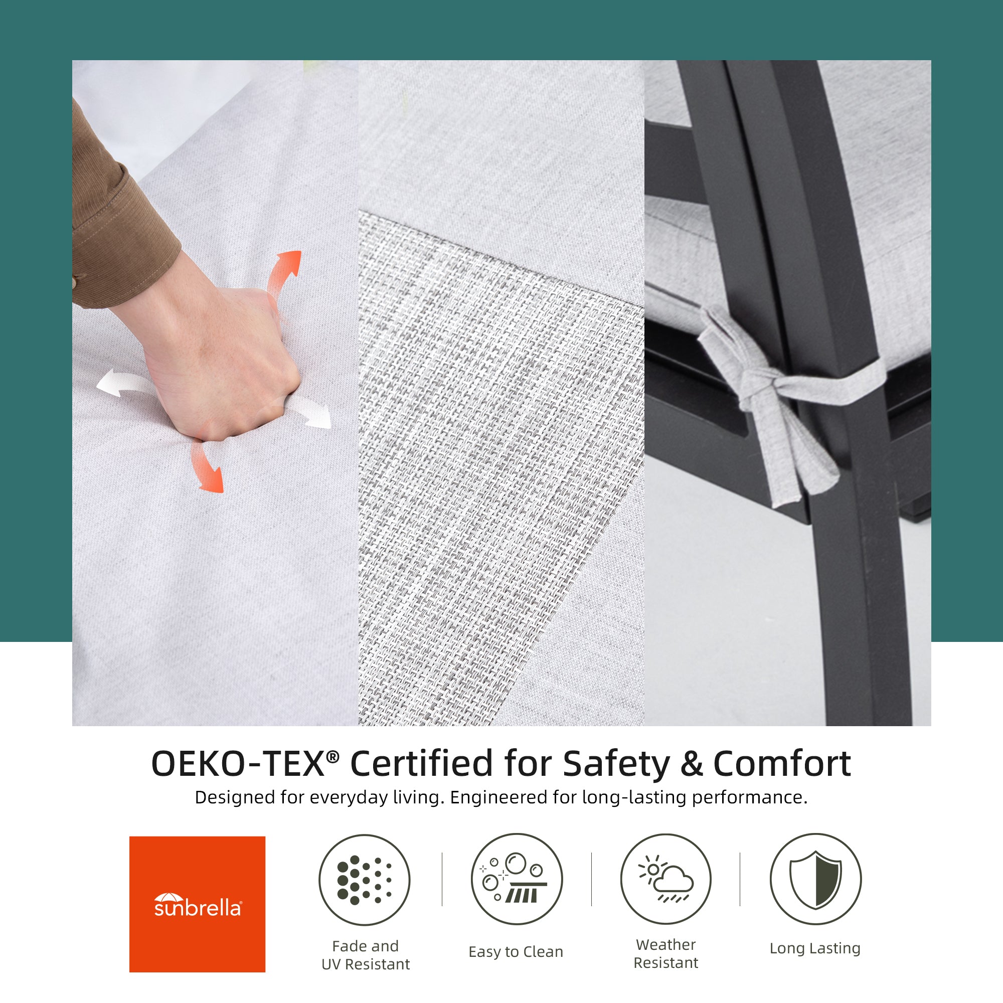 7-PC Bourbon Brown Aluminum Patio Dining Set: 6-Seater Outdoor Furniture with 4 Chairs, 2 Swivel Rockers, Sunbrella Cushions, Branch Backrest, Rectangular Table w/ Umbrella Hole for Garden & Patio Relaxation