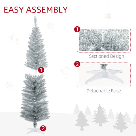 HOMCOM 6ft Slim Pencil Christmas Tree, Silver Unlit Artificial Xmas Tree with 390 Realistic Branch Tips, Flame-Retardant Plastic Stand for Indoor Home Decor