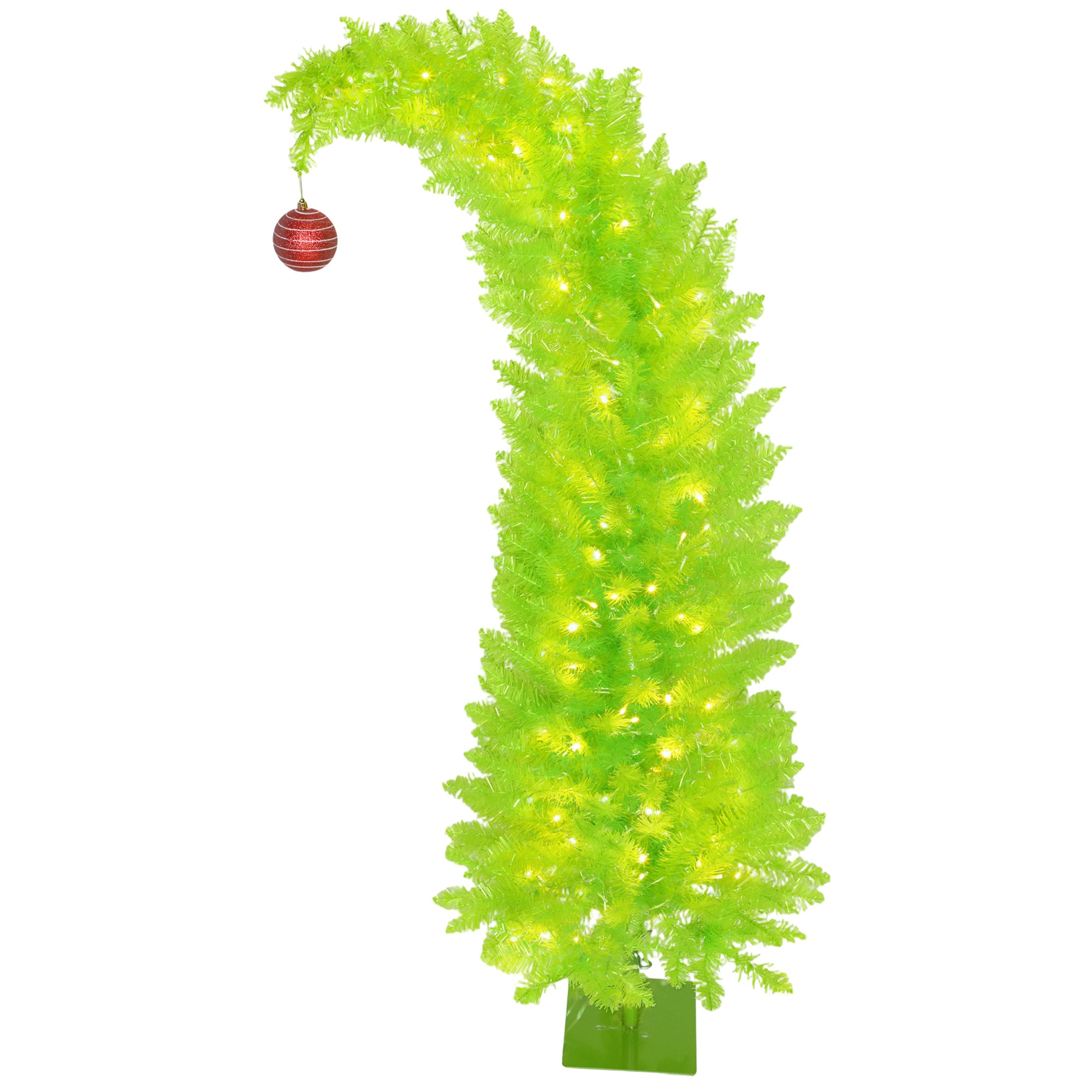 5ft Green Pencil Christmas Tree with Red Ball Top, 200 Warm White LEDs, 438 Tips, Metal Base - Perfect for Small Spaces, Living Rooms, Entryways, Festive Holiday Decor