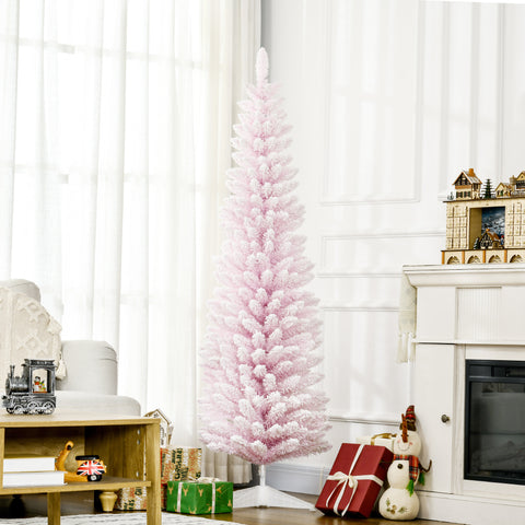 HOMCOM 6ft Pink Snow Flocked Artificial Pencil Christmas Tree - Slim, Realistic Plastic Branches, Flame-Retardant, Easy Assembly &amp; Storage for Festive Indoor Decor