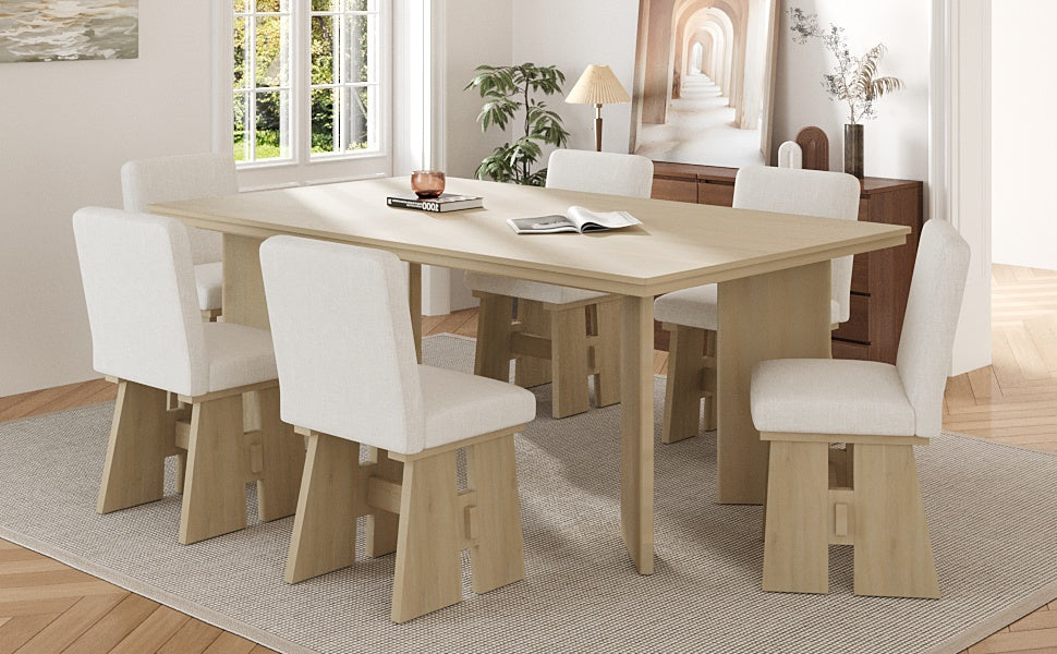 TOPMAX 7-Piece Solid Rubberwood Dining Set: 63.4" Natural Table &amp; 6 Upholstered Beige Chairs for Dining Rooms, Space-Saving Tuck-Away Design, Seats 6, Modern Farmhouse Style