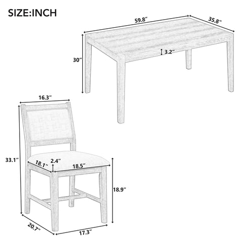 TREXM 7-Piece Retro Rectangular Wood Dining Table Set for 6 - Natural Oak Veneer & MDF with Upholstered Foam Chairs - Spacious Kitchen & Dining Room Furniture - Durable Solid Wood Legs