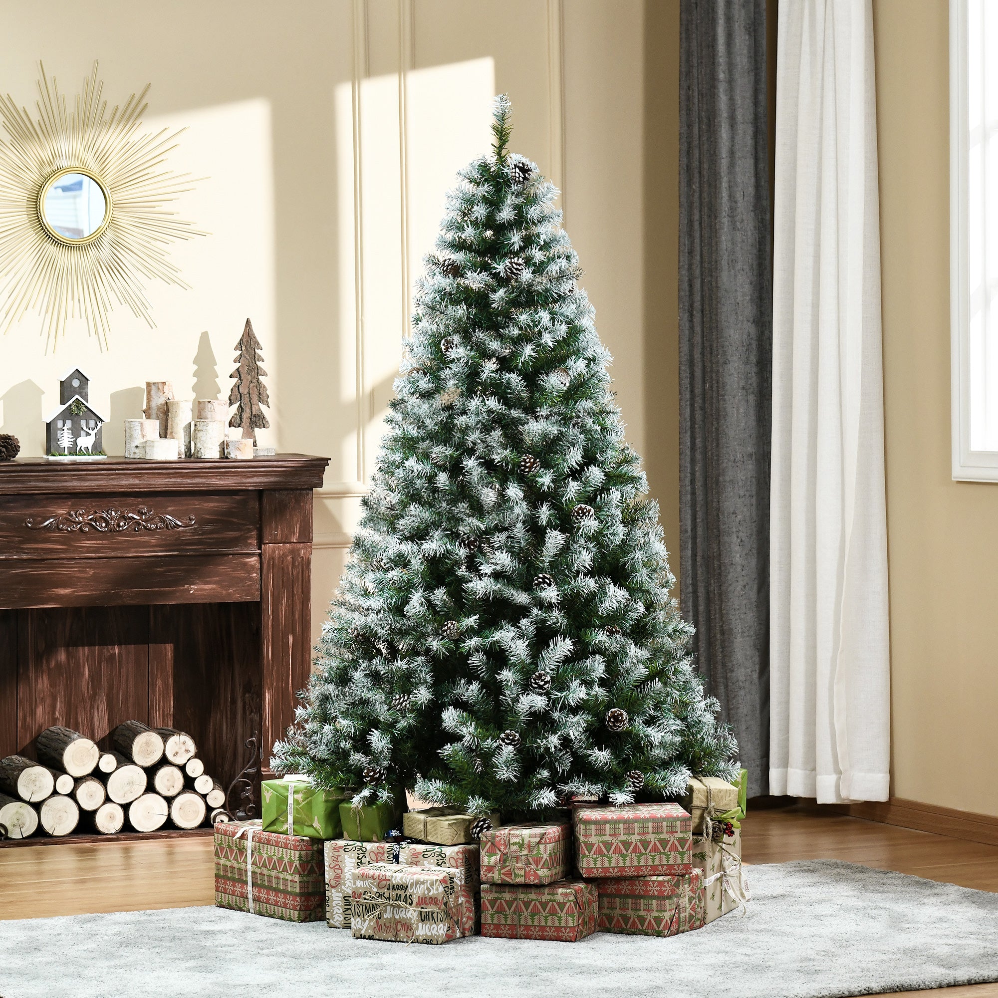 HOMCOM 6ft Snow-Dusted Fir Christmas Tree | Realistic PVC Branches, 800 Tips, 61 Pine Cones | Full, Flocked Holiday Decor for Home, Living Room, Indoor Use | Easy Setup &amp; Storage