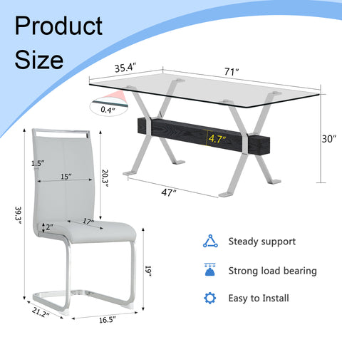 Elegant 71" Clear Tempered Glass Dining Table Set with 6 Light Gray PU Chairs, Silver Metal Legs - Modern Minimalist 6-Seater for Dining Room & Kitchen