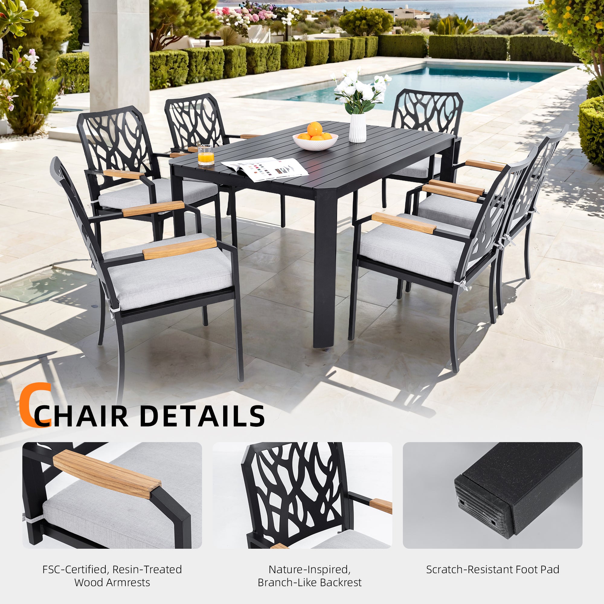 7PC Aluminum Patio Dining Set: Modern Bourbon Brown 6-Seat Outdoor Furniture with Sunbrella Cushions, Nature-Inspired Backrest & Umbrella Hole Table for Garden & Leisure