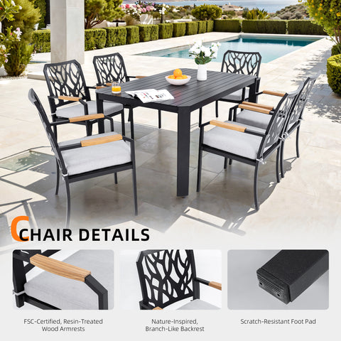 7PC Aluminum Patio Dining Set: Modern Bourbon Brown 6-Seat Outdoor Furniture with Sunbrella Cushions, Nature-Inspired Backrest & Umbrella Hole Table for Garden & Leisure