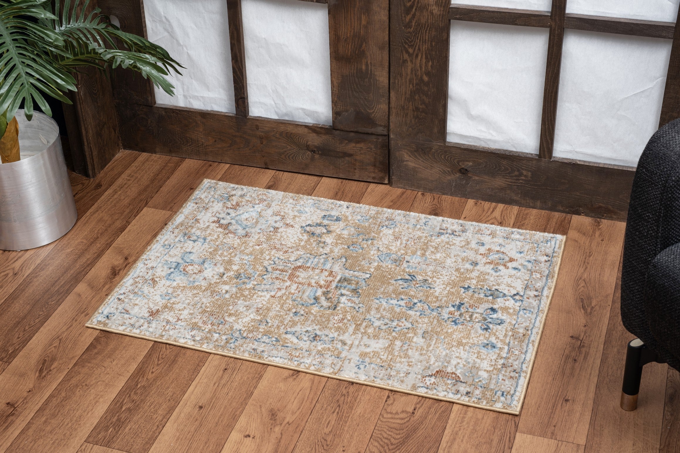Noble GC_GEN7008 Gold 5'3" x 7'3" Area Rug - 100% Polyester, Stain-Resistant, Kid & Pet Friendly, Soft Traditional Design, 0.31" Pile Height, Made in Turkey