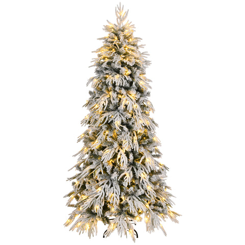 8ft Slim Flocked Noble Christmas Tree - Pre-lit Warm White LED, 950 PE/PVC Tips, Realistic Snow Design, Easy Assembly for Home Corners & Narrow Spaces