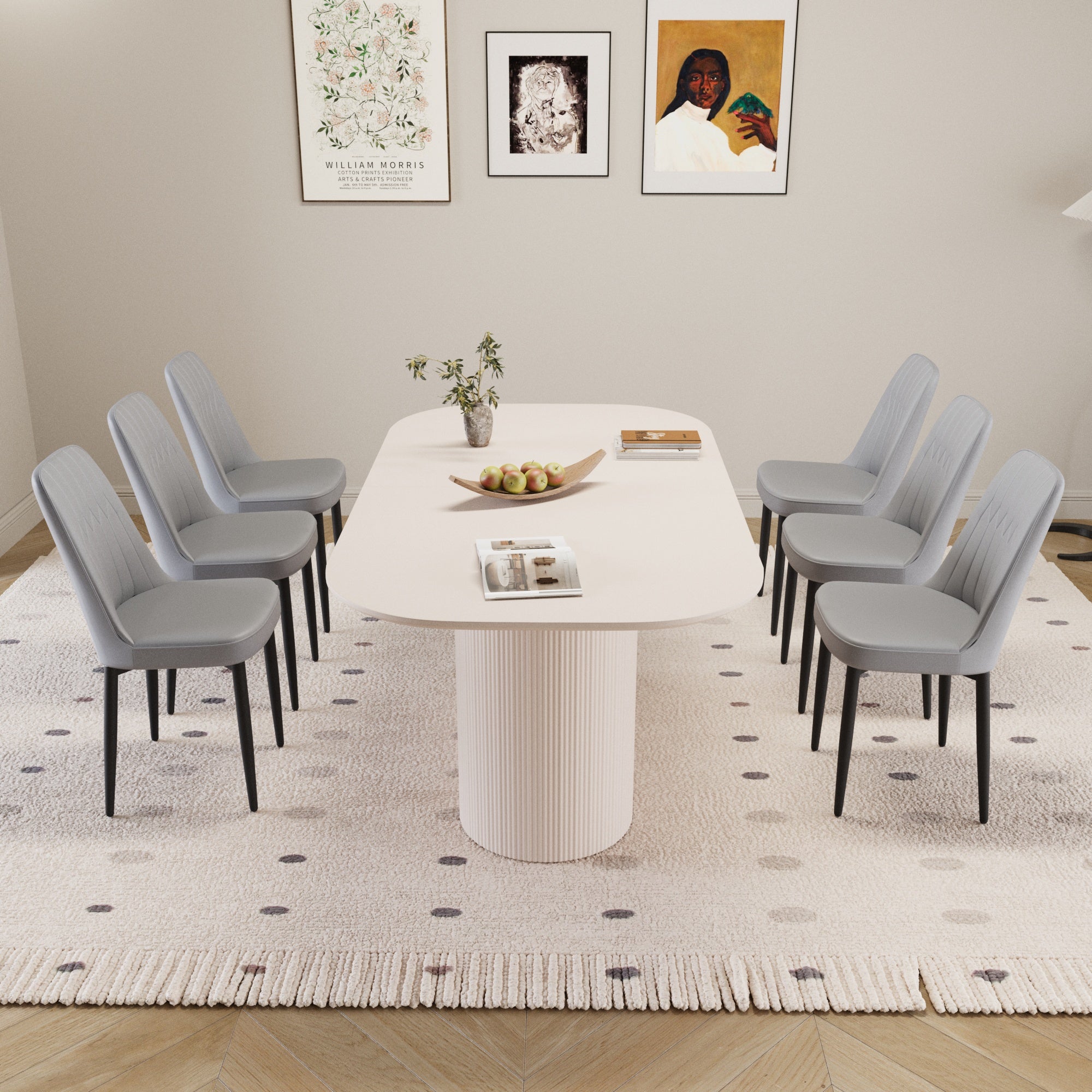 63" Cream Modern MDF Dining Table Set with 6 Grey PU Leather Ergonomic Chairs - Industrial Style Home & Kitchen Furniture for 4-8 Guests - Easy Assembly