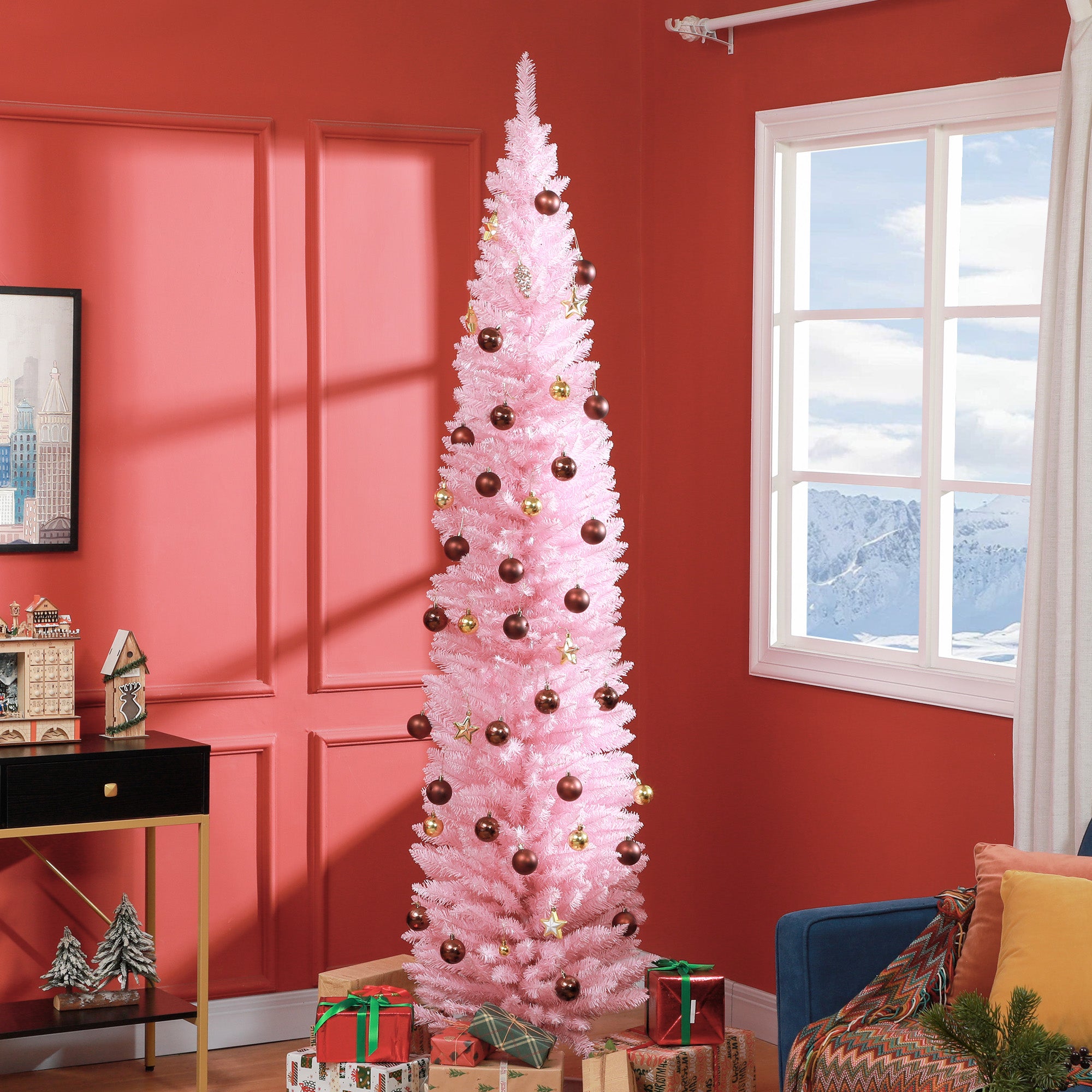 HOMCOM 8ft Pink Artificial Pencil Christmas Tree | Slim Xmas Tree with 618 Realistic Branch Tips & Plastic Stand | Flame Retardant for Home Decor