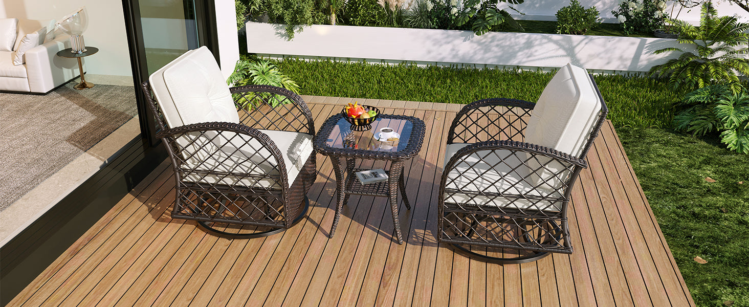 3-Piece Brown Rattan Outdoor Chat Set: 2 Swivel Rocker Chairs &amp; Glass Top Table for Garden Patio Balcony, Weather-Resistant Wicker Seating Group with Cushions