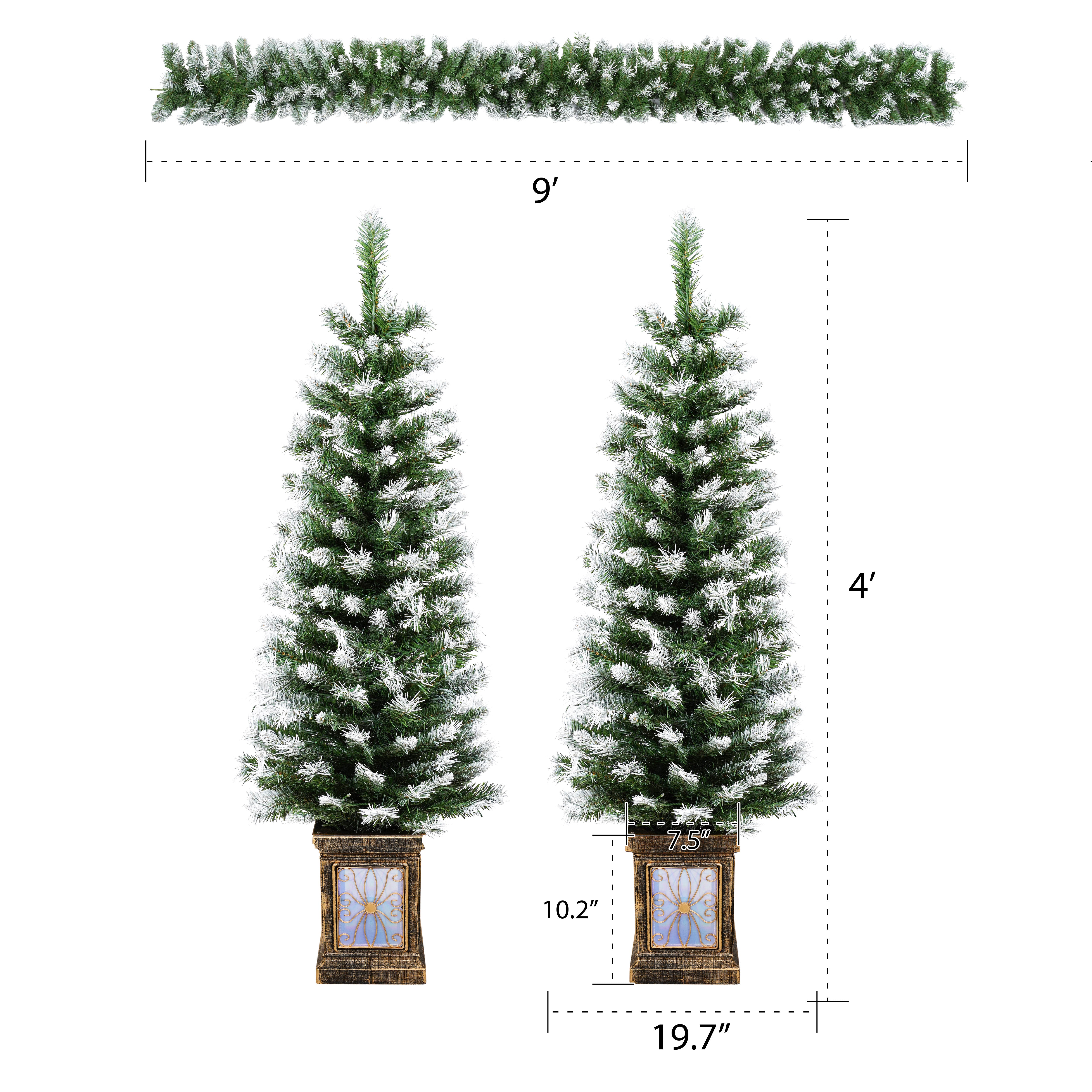 4ft White & Green Artificial Christmas Tree Set with LED Lights, 3-Piece Wreath & Entrance Trees, Fire-Resistant PVC, Easy Assembly, Glamorous Gold Pots for Home Decor