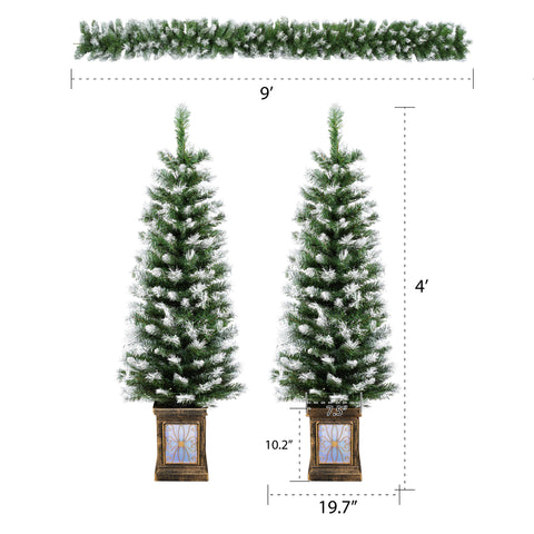 4ft White & Green Artificial Christmas Tree Set with LED Lights, 3-Piece Wreath & Entrance Trees, Fire-Resistant PVC, Easy Assembly, Glamorous Gold Pots for Home Decor