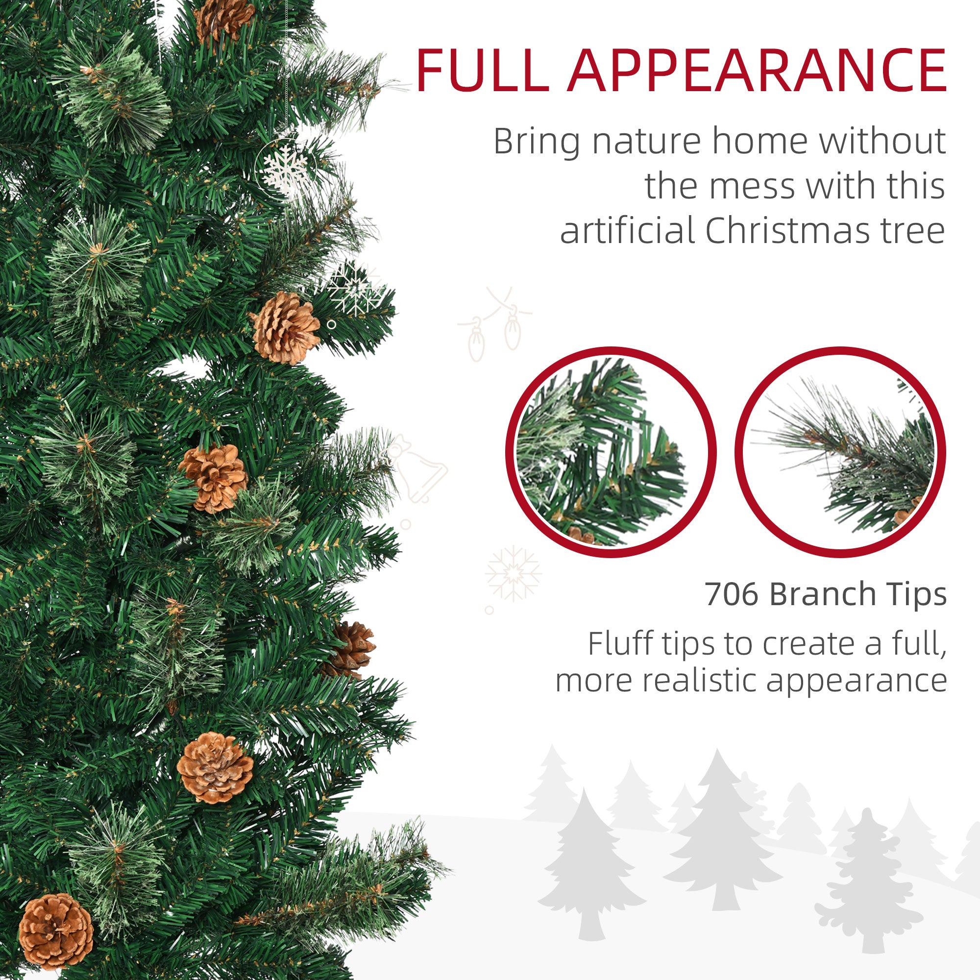 HOMCOM 7.5ft Slim Pencil Artificial Christmas Tree, Realistic Pine Needles & Cones, Flame Retardant Green Xmas Tree with Sturdy Metal Base for Home & Fireplace Decor