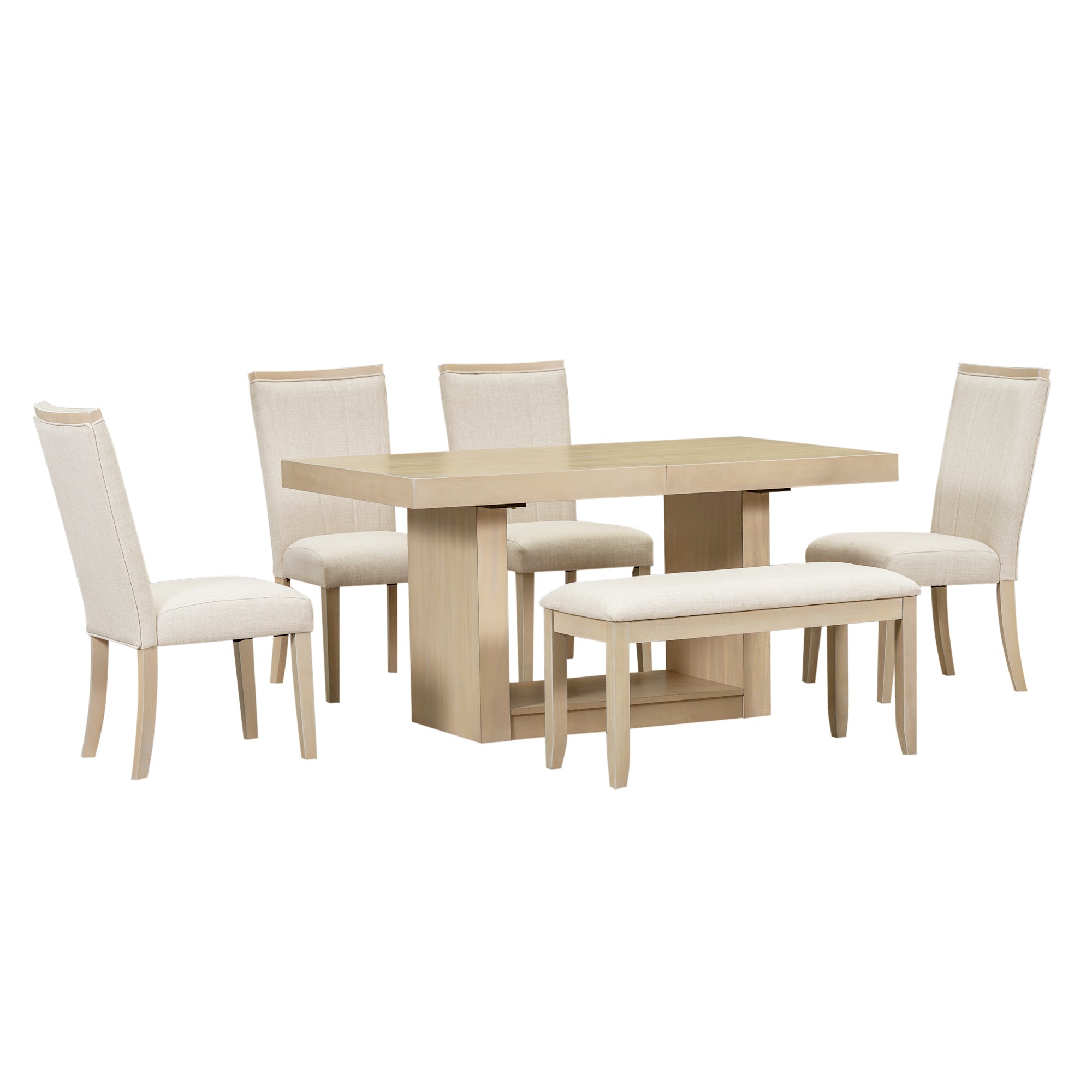 TOPMAX 6-Piece Natural Rubberwood Dining Set: 78" Extendable Pedestal Table w/ 18" Leaf, 4 Upholstered Chairs &amp; Bench for Dining Room, Seats 6