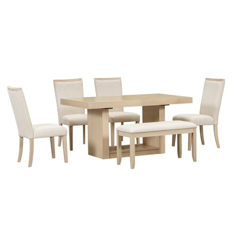TOPMAX 6-Piece Natural Rubberwood Dining Set: 78" Extendable Pedestal Table w/ 18" Leaf, 4 Upholstered Chairs &amp; Bench for Dining Room, Seats 6