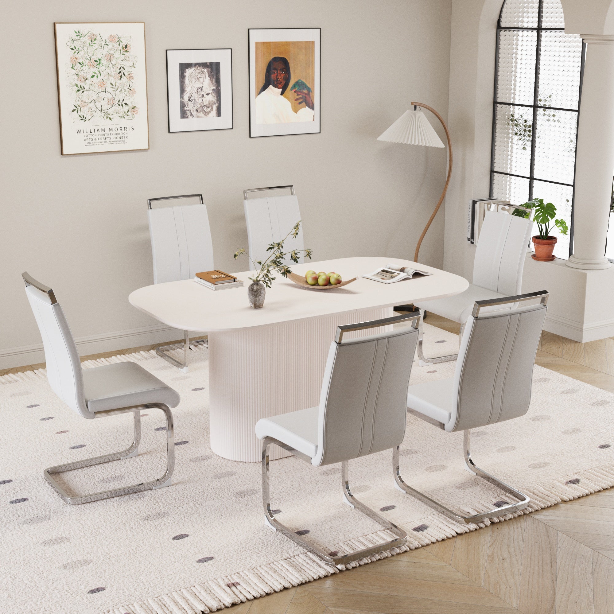 63" Creamy White MDF Dining Table Set for 6-8, Modern Mid-Century Style PU Leather Armless Chairs with Silver Metal Legs, Perfect for Home Kitchen & Dining Room