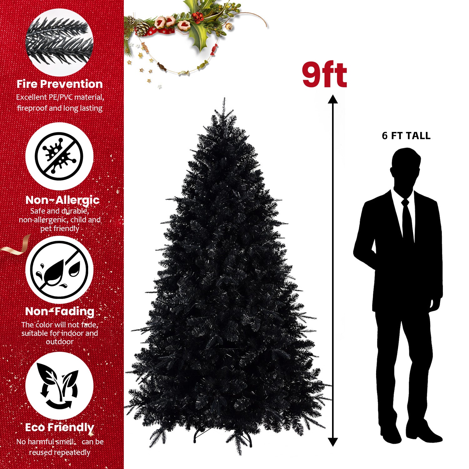 6ft Black Artificial Christmas Tree with 350 White LED Lights, 1460 PE+PVC Tips, Hinged Structure, Stable Metal Stand for Halloween & Holiday Decor
