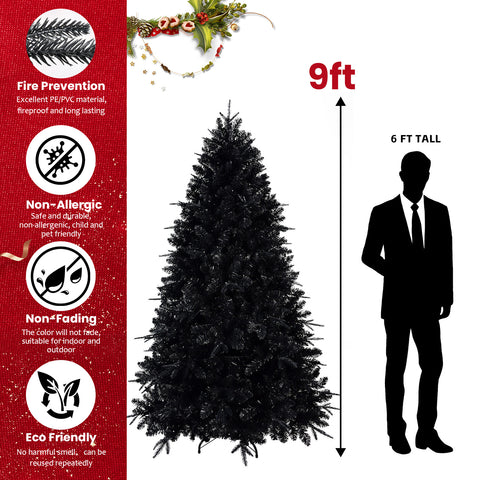 6ft Black Artificial Christmas Tree with 350 White LED Lights, 1460 PE+PVC Tips, Hinged Structure, Stable Metal Stand for Halloween & Holiday Decor