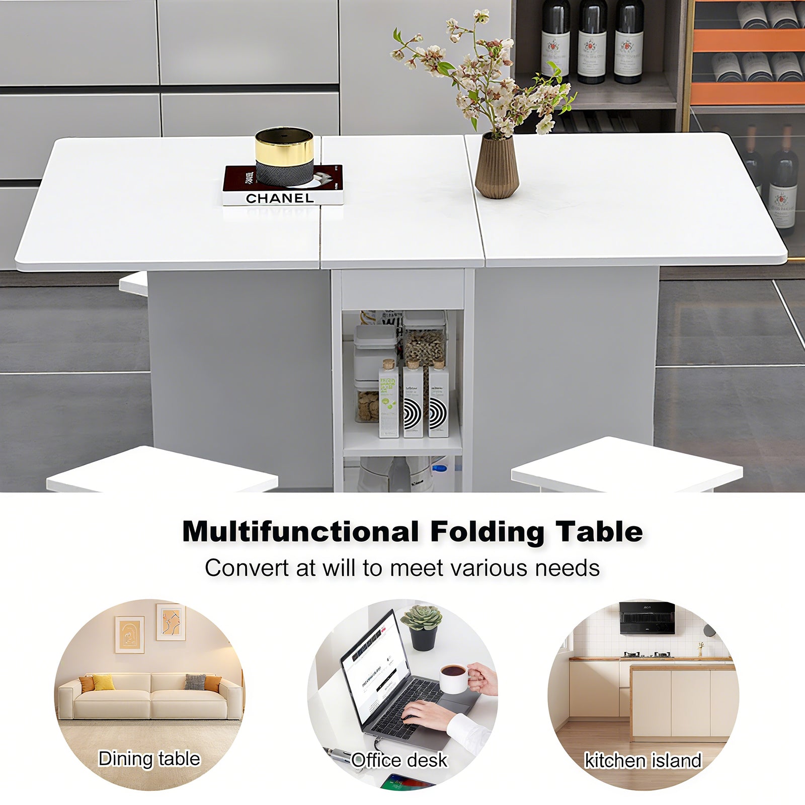 Space-Saving Folding Drop Leaf Dining Table Set for 4 with 4 Chairs, White MDF, 6 Wheels, Versatile for Kitchens & Small Spaces, Easy Clean & Assemble, 47.2"W