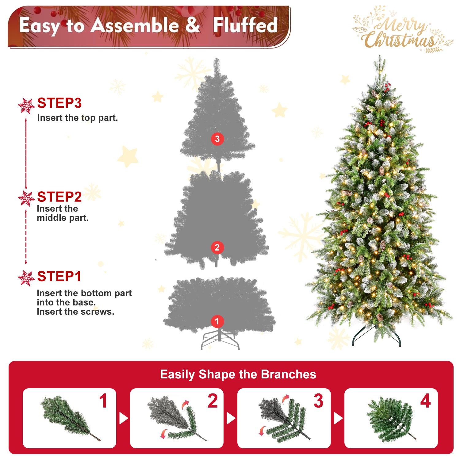 6ft Frosted Green Artificial Christmas Tree | 380 Warm White LED Lights | 1264 Lush Tips | Red Berries &amp; Pinecones | Sturdy Metal Stand | Indoor Holiday Decor