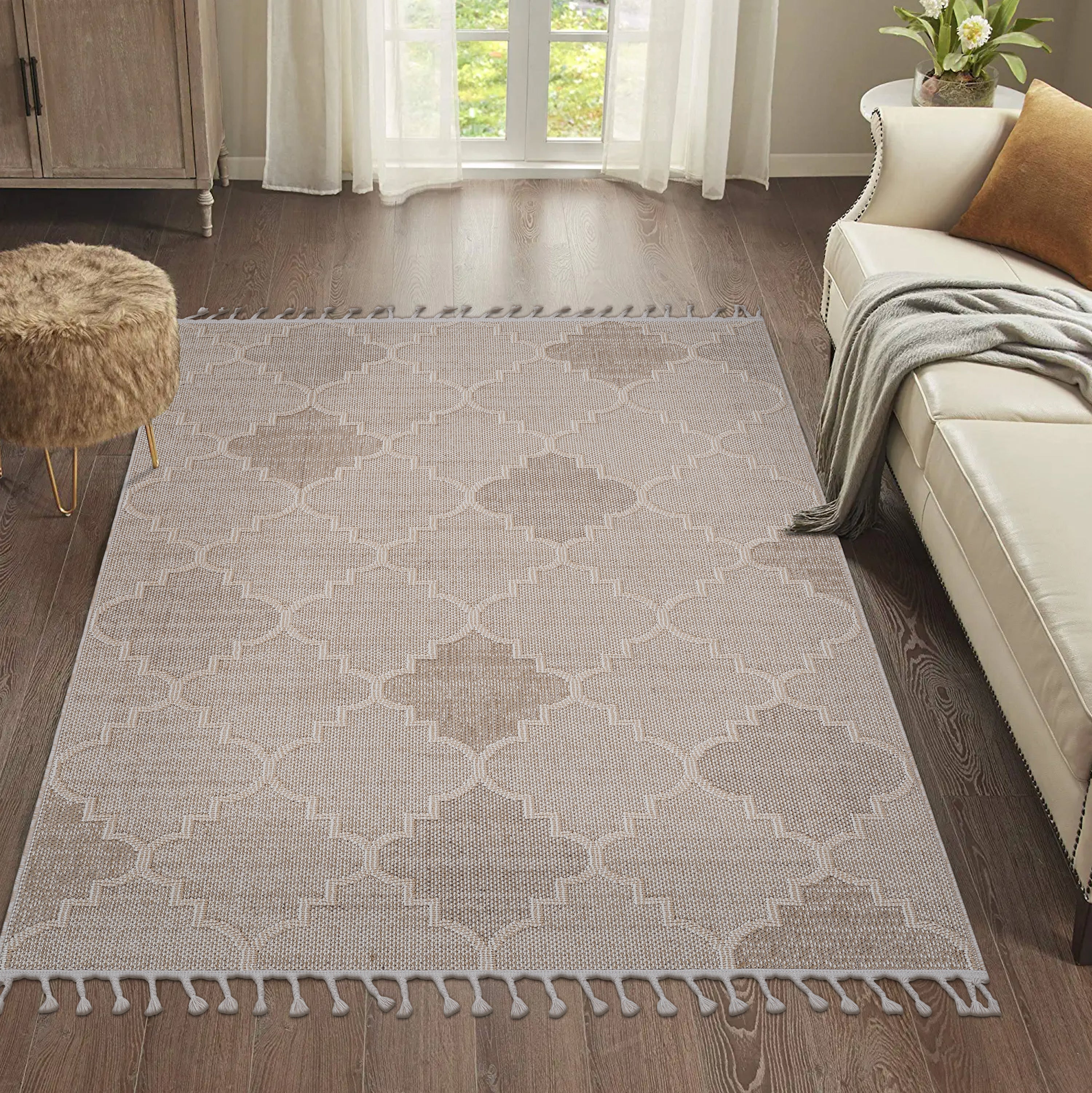 Guros Collection 8x10 Cream Trellis Indoor/Outdoor Area Rug - Stain-Resistant Polypropylene, Medium Pile, Durable & Easy Care for Living Room, Patio, Entryway, Turkey Made
