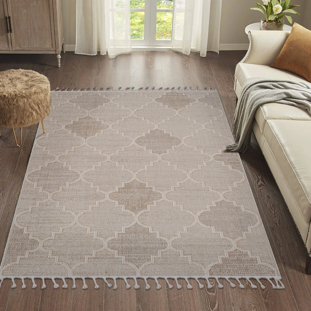 Guros Collection 5x7 Cream Trellis Indoor/Outdoor Area Rug - Stain-Resistant Polypropylene, Medium Pile, Durable, Easy Care for Living Room, Entryway, Patio