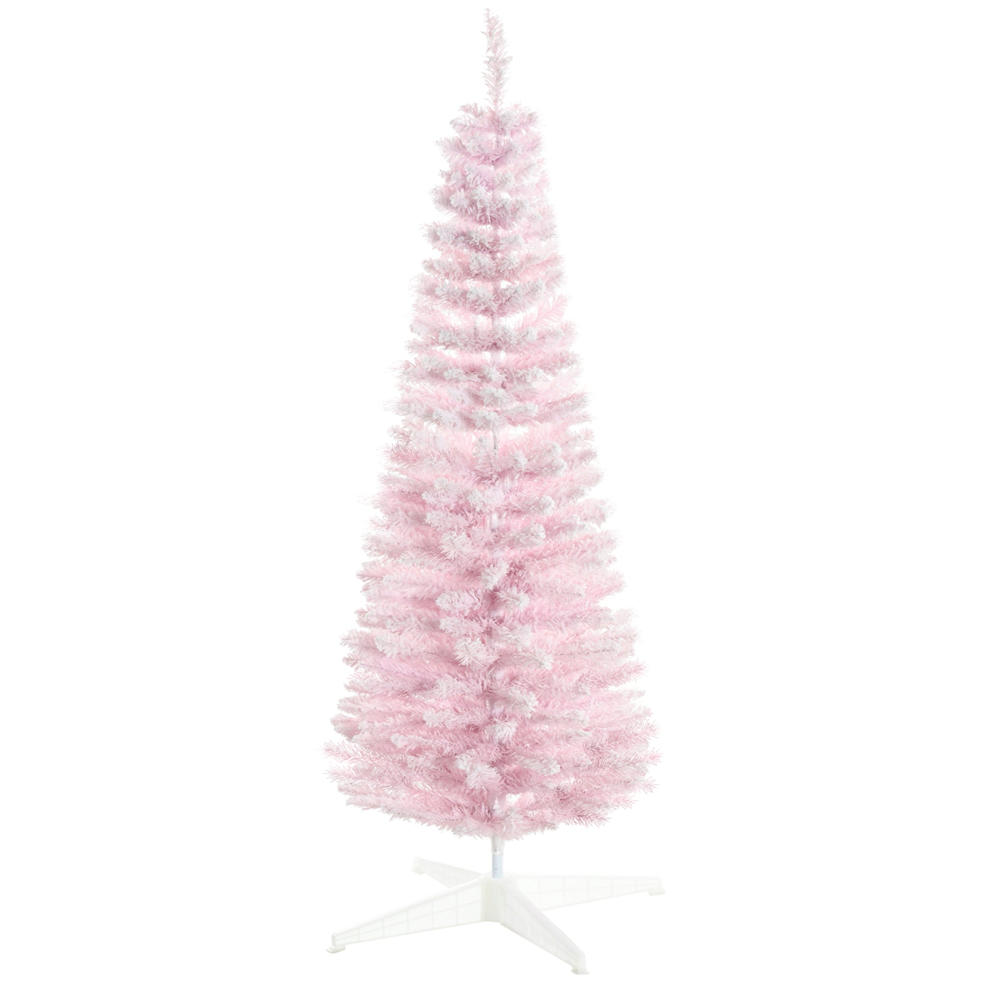 HOMCOM 5' Pink Snow Flocked Pencil Christmas Tree - Slim, Realistic Artificial Xmas Tree with Flame-Retardant Plastic Base for Indoor Holiday Decoration