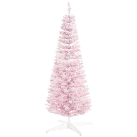 HOMCOM 5' Pink Snow Flocked Pencil Christmas Tree - Slim, Realistic Artificial Xmas Tree with Flame-Retardant Plastic Base for Indoor Holiday Decoration
