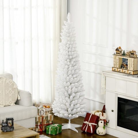 HOMCOM 6ft Snow Flocked Pencil Christmas Tree, Slim White Xmas Tree with Realistic Branches & Plastic Base for Indoor Home Decor. Easy Assembly & Storage.