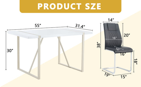 55" Cream-Style White MDF Dining Table Set with 6 Black PU Chairs & Silver Metal Legs - Modern Kitchen Furniture for Family Meals, Seats 6, Durable & Easy Assembly