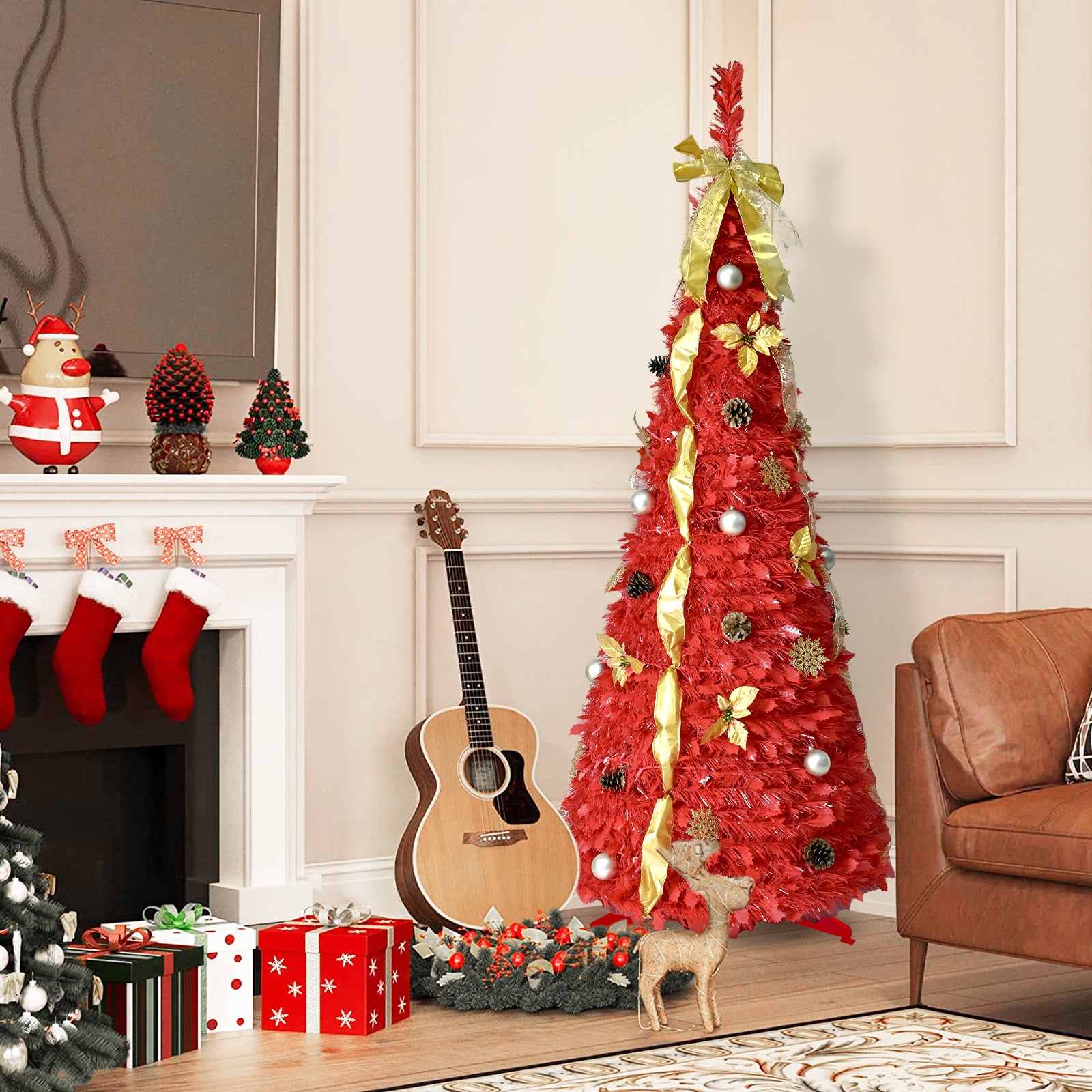 6FT Red Pop-Up Christmas Tree: Fully Decorated with 150 Warm White LEDs, Ornaments, Ribbons, Bow, Flowers, Snowflakes, Pine Cones &amp; Balls – Easy Assembly, Space-Saving Holiday Decor for Home &amp; Office