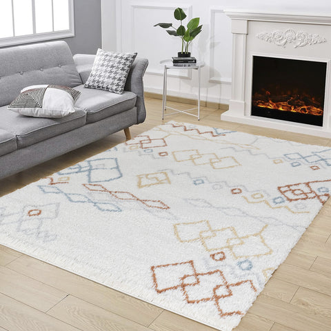 Luxury Ivory Shag Area Rug - 7'10" x 9'10" Geometric Polyester Pile, Soft & Durable for Living Room, Bedroom, High Traffic Areas, Pet Friendly, Made in Turkey