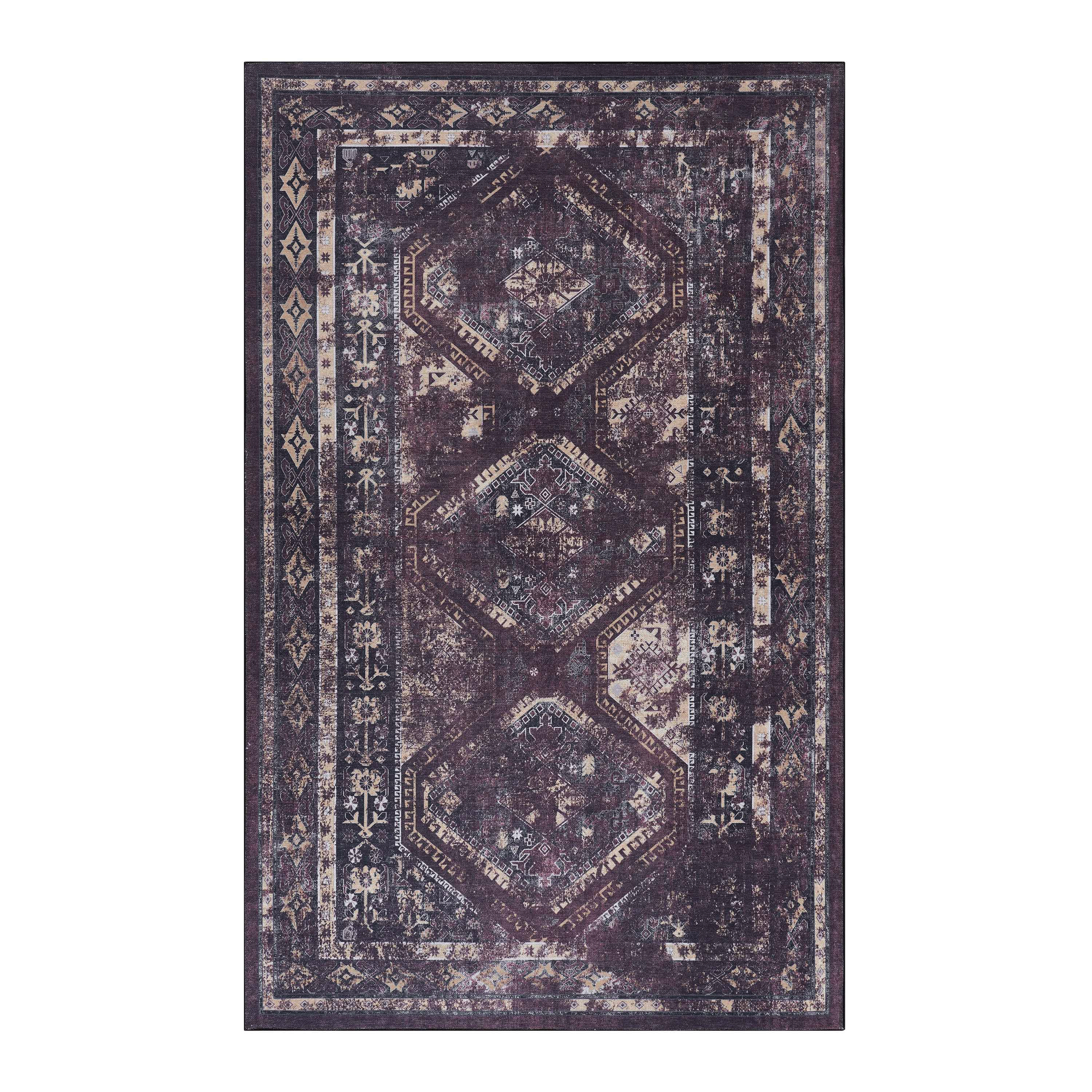 MAVAL 9x12 Washable Area Rug Burgundy & Black - Soft Chenille Polyester, Low Pile, Non-Slip, Stain-Resistant for Living Room, Dining Room, Hallway, Kitchen
