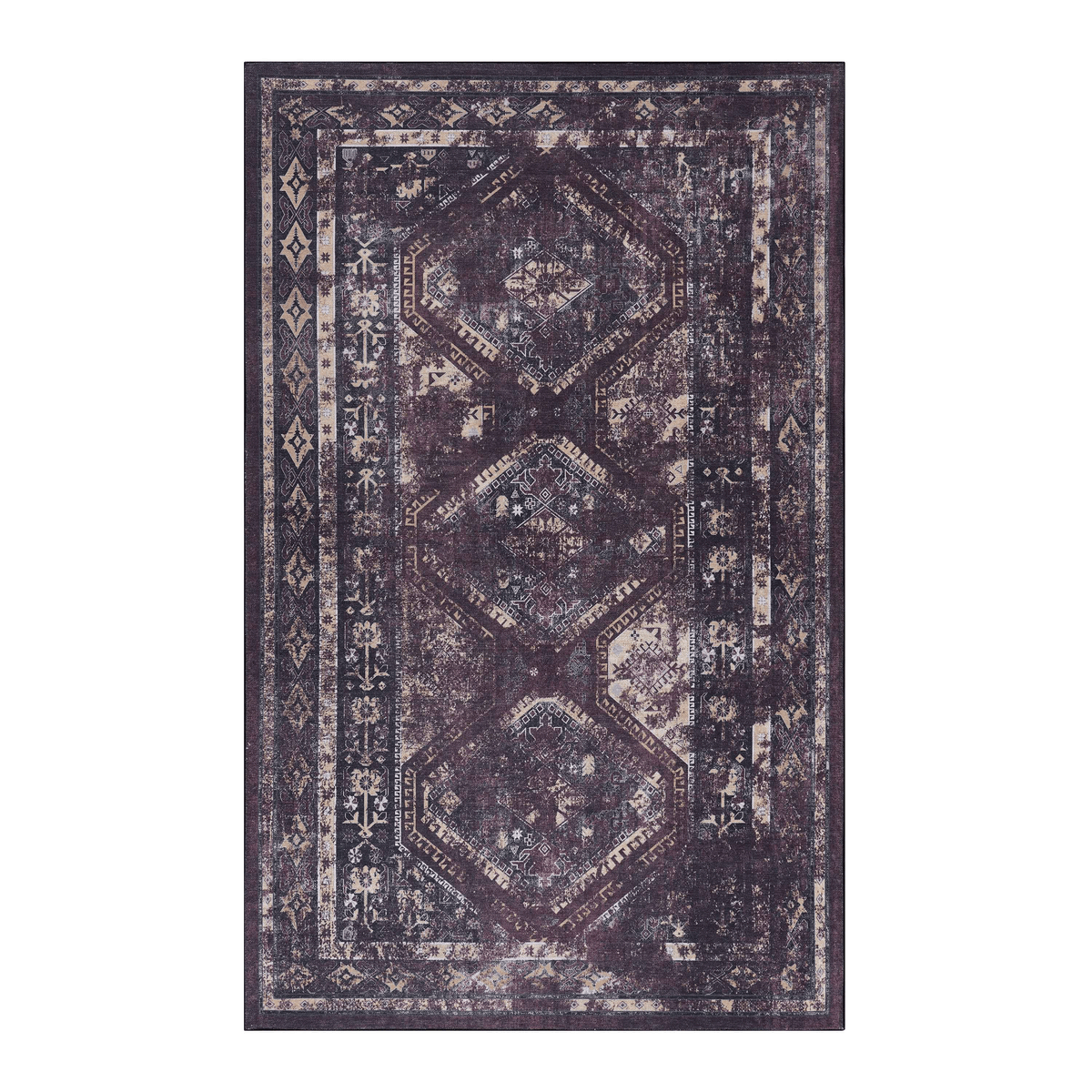 MAVAL Burgundy & Black 8x10 Washable Area Rug - Soft Polyester Chenille, Low Pile, Non-Slip, Stain-Resistant for Living Room, Bedroom, Hallway, Dining Room