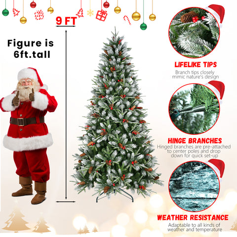 4FT Snow-Dusted Christmas Tree: 747 Tips, Red Berries &amp; Pine Cones | Hinged PE/PVC Branches, Full Natural Holiday Decor for Indoor Home &amp; Office