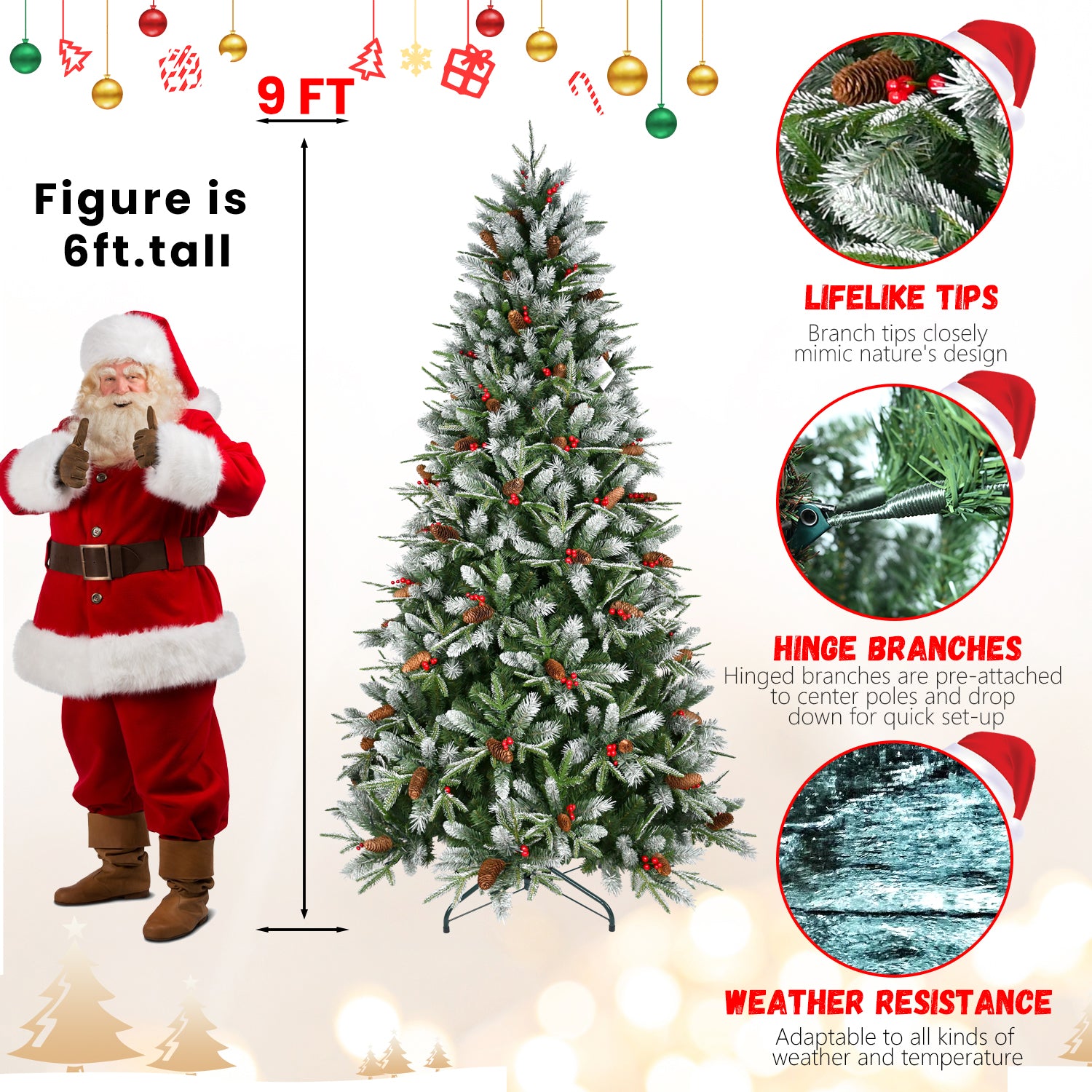 7FT Snow-Dusted Christmas Tree: 2178 Tips, Red Berries & Pine Cones, Hinged PE+PVC Branches, Sturdy Metal Stand - Full, Natural Holiday Decor for Home & Office