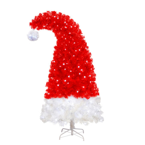 6FT Whimsical Santa Hat Christmas Tree | 1050 PET Tips | Pre-Lit 300 Cold White LEDs | Red & White | Indoor Holiday Decor