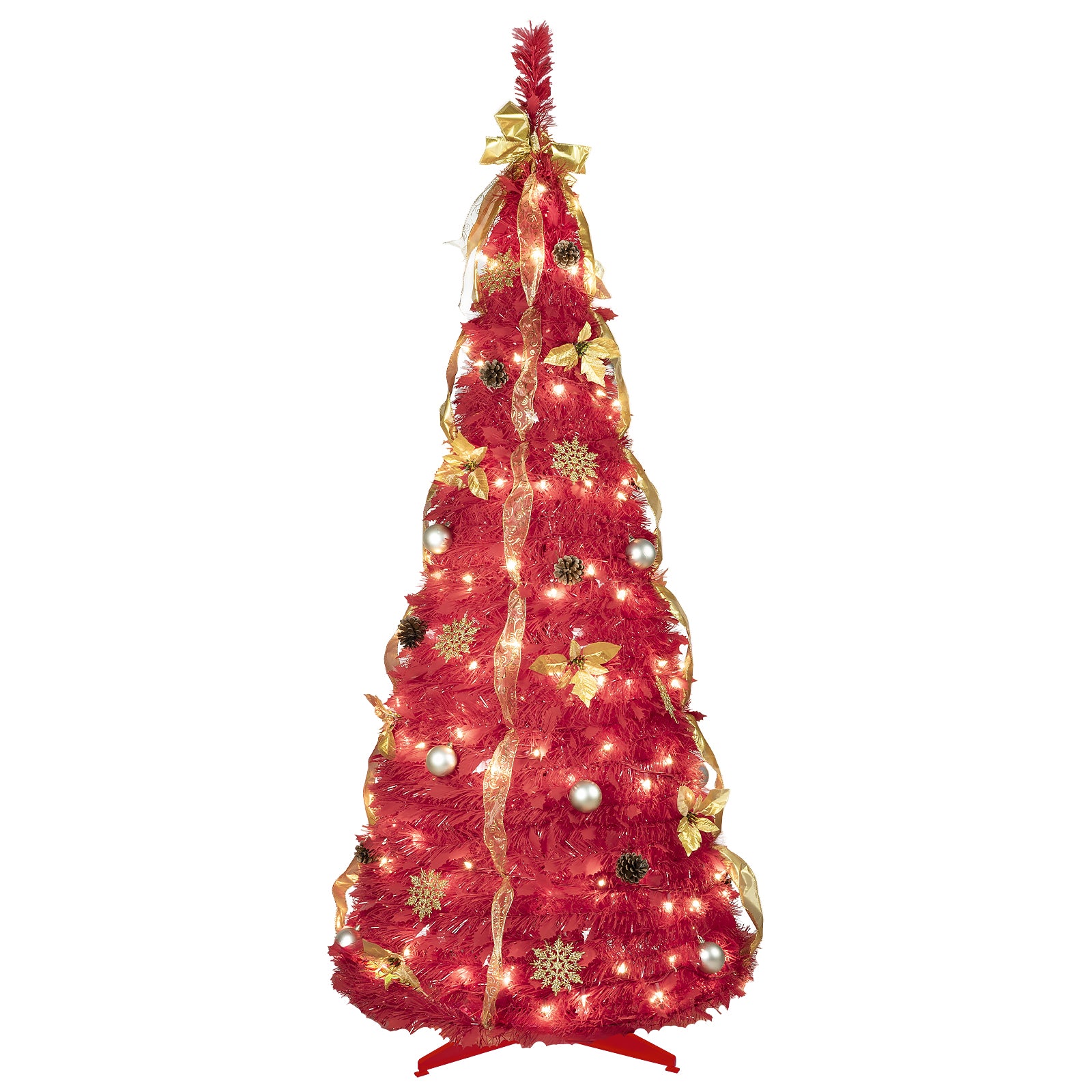 6FT Red Pop-Up Christmas Tree: Fully Decorated with 150 Warm White LEDs, Ornaments, Ribbons, Bow, Flowers, Snowflakes, Pine Cones &amp; Balls – Easy Assembly, Space-Saving Holiday Decor for Home &amp; Office