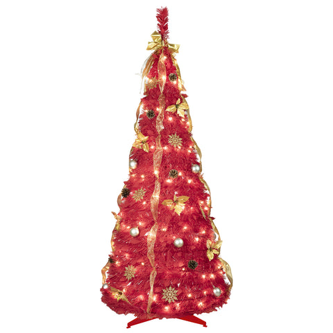 6FT Red Pop-Up Christmas Tree: Fully Decorated with 150 Warm White LEDs, Ornaments, Ribbons, Bow, Flowers, Snowflakes, Pine Cones &amp; Balls – Easy Assembly, Space-Saving Holiday Decor for Home &amp; Office