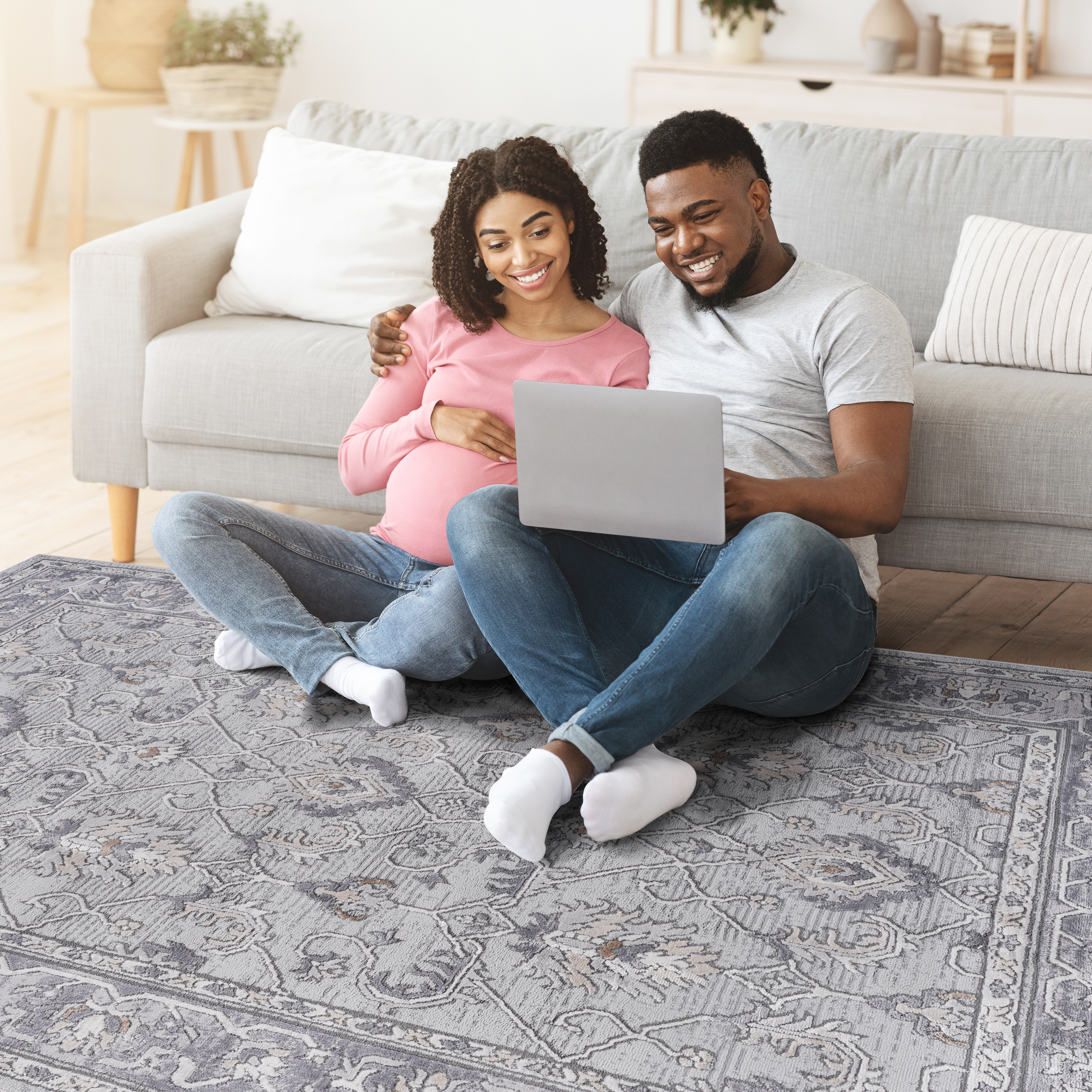 MARFI Oriental Area Rug 5x7 Ivory Grey Polyester - Stain Resistant, Non-Shedding, Durable for Living Room, Bedroom, Entryway, Home Office, Kid & Pet Friendly