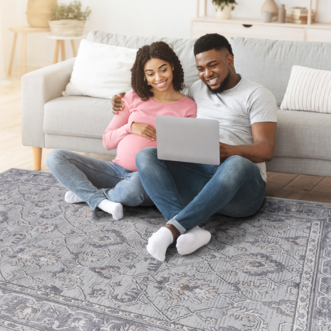 MARFI Oriental Area Rug 5x7 Ivory Grey Polyester - Stain Resistant, Non-Shedding, Durable for Living Room, Bedroom, Entryway, Home Office, Kid & Pet Friendly