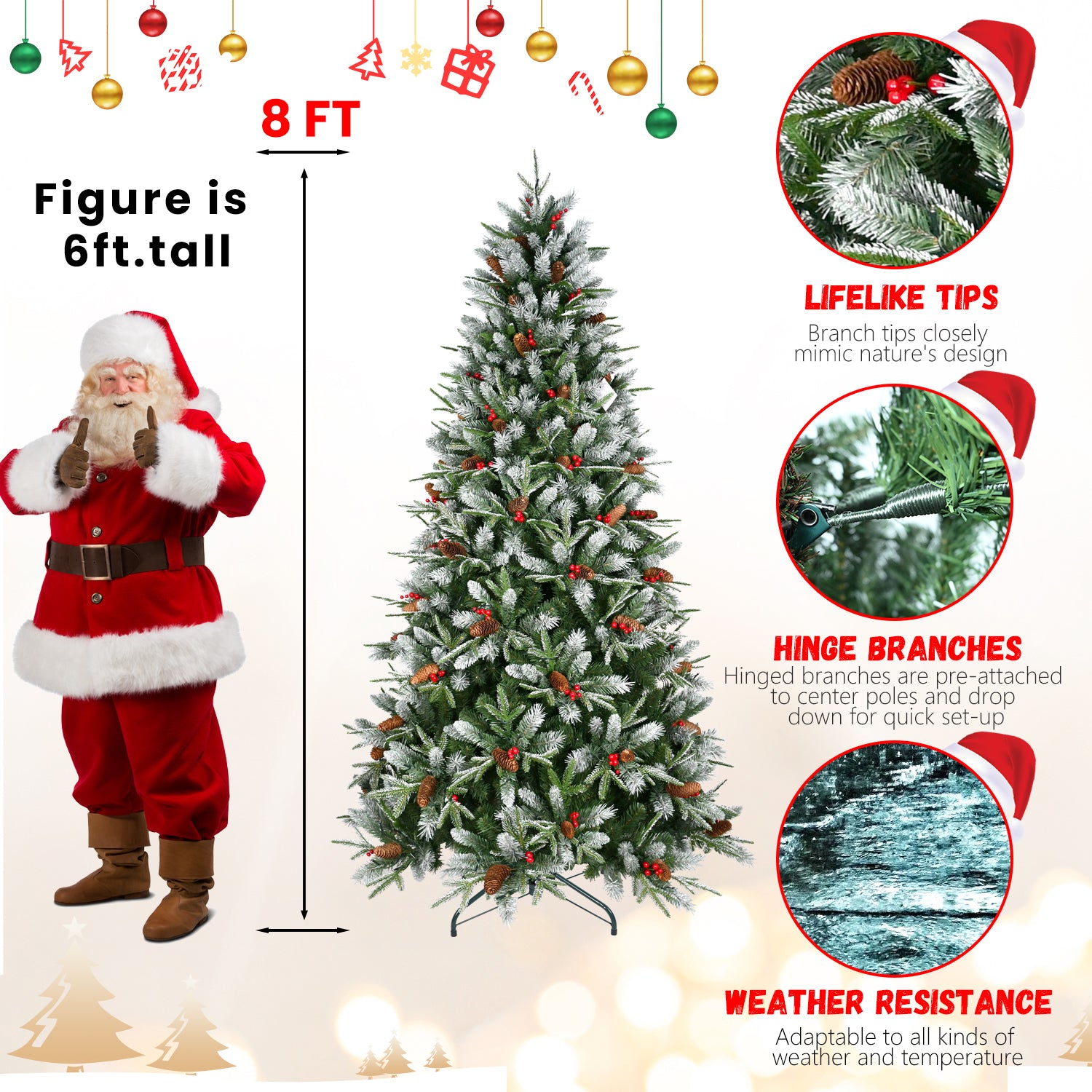 7.5FT Snow-Dusted Christmas Tree: 2514 Tips, Red Berries &amp; Pine Cones. Hinged PE+PVC Branches, Full Natural Look, Sturdy Metal Stand. Perfect for Indoor Holiday Home Decor