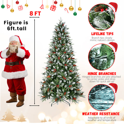 7FT Snow-Dusted Christmas Tree: 2178 Tips, Red Berries & Pine Cones, Hinged PE+PVC Branches, Sturdy Metal Stand - Full, Natural Holiday Decor for Home & Office