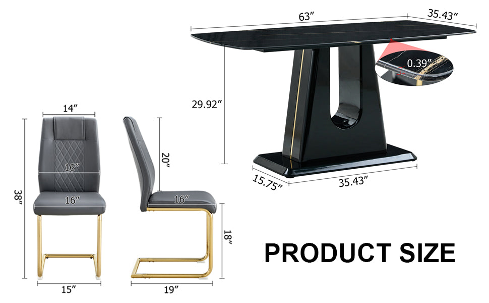 Modern Minimalist Dining Table Set with Imitation Marble Glass Top &amp; U-Bracket Legs - Seats 4-8 - Black &amp; Gold MDF - Perfect for Dining &amp; Living Rooms